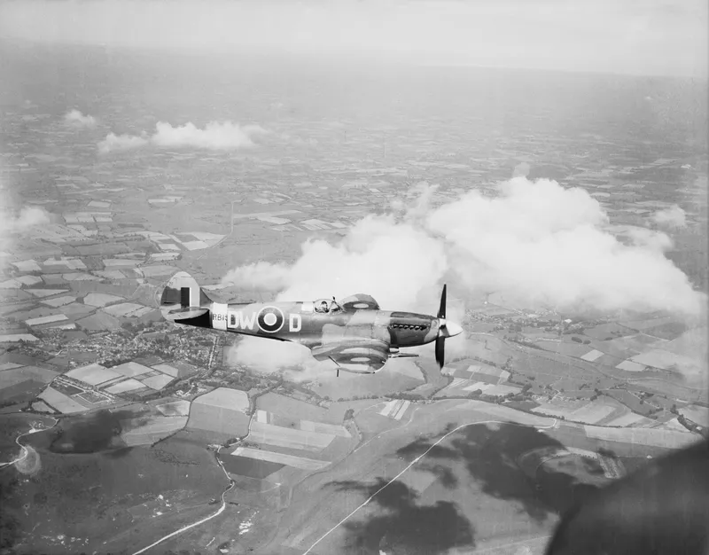 A Griffon-engined Spitfire Mk XIV on a grass airfield