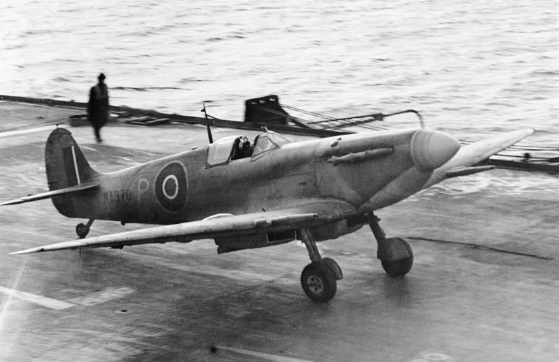 A Seafire on the deck of an aircraft carrier